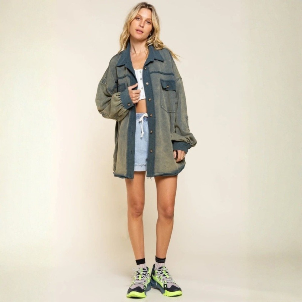 POL French Terry Favorite Oversized Jacket Mineral Wash Button Front Size XL